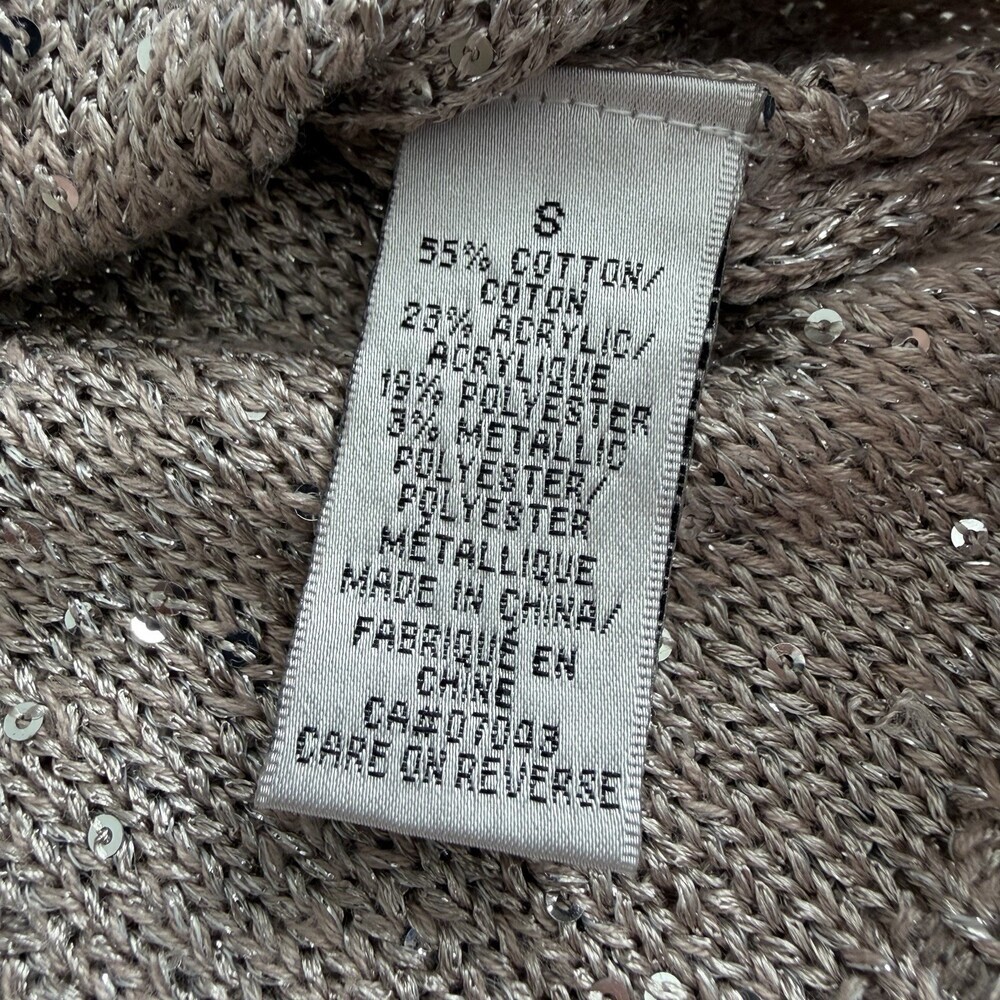 WD NY Sequin Knit V-Neck Sweater Taupe Silver Sparkle Short Sleeve Size Small - Picture 7 of 11